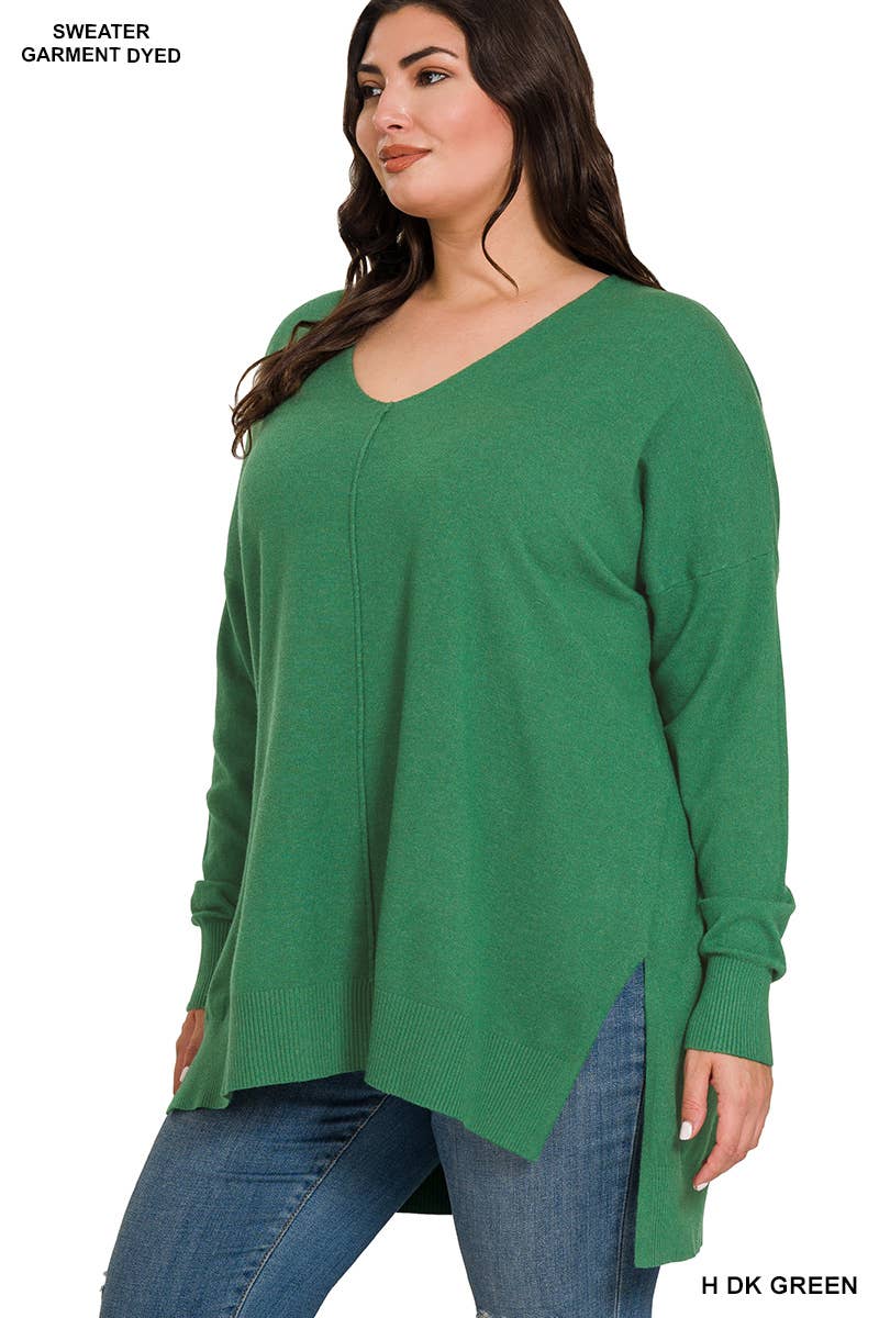 Plus Hi-Low Hem V-Neck Center Seam Sweater: H LT NAVY / 3-2 (1XL/2XL-2XL/3XL)