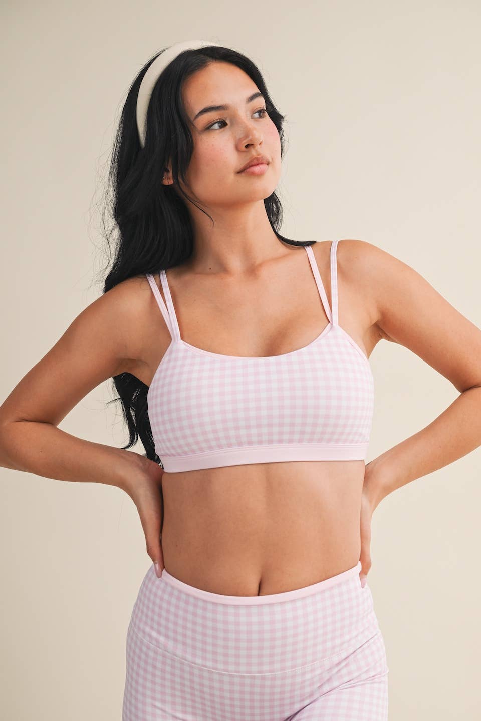 Gingham Print Double Layered Sports Bra: Red Gingham / L
