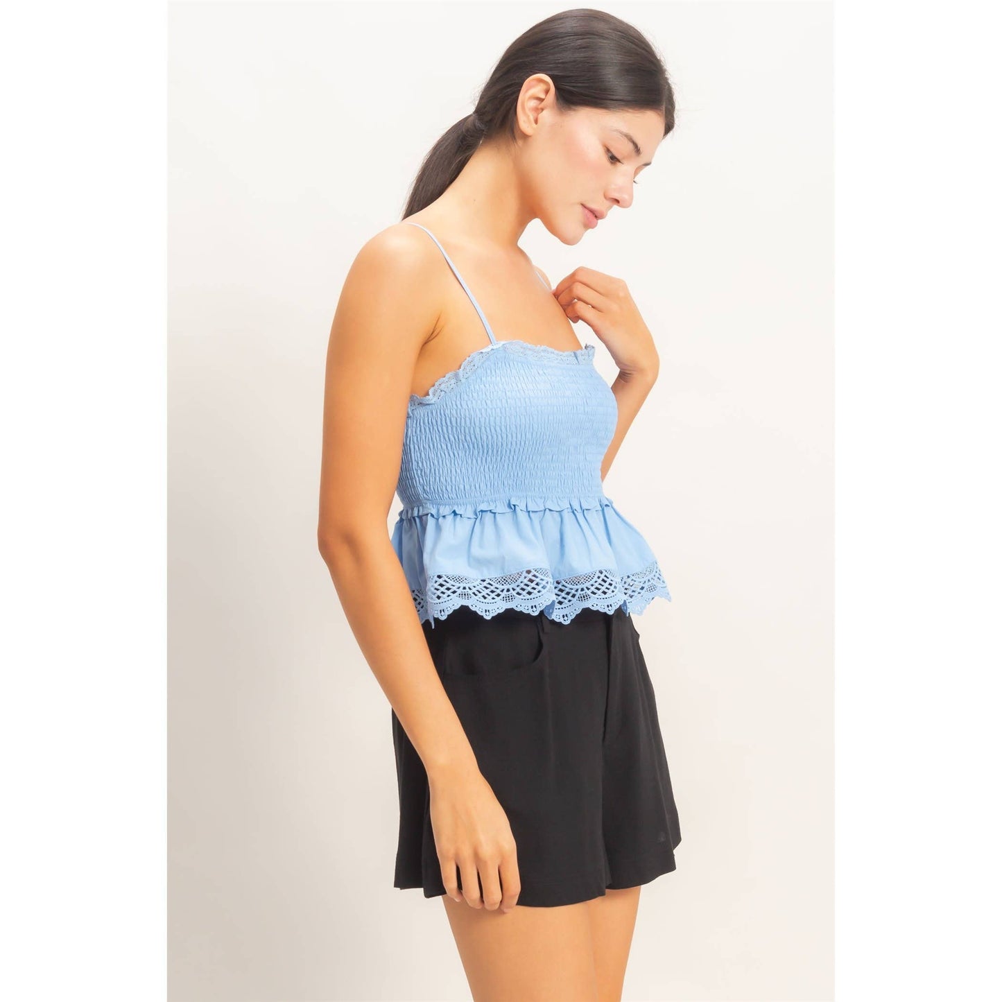 Smocked Peplum Top With Lace Trim: YELLOW / S-M-L(2-2-2)