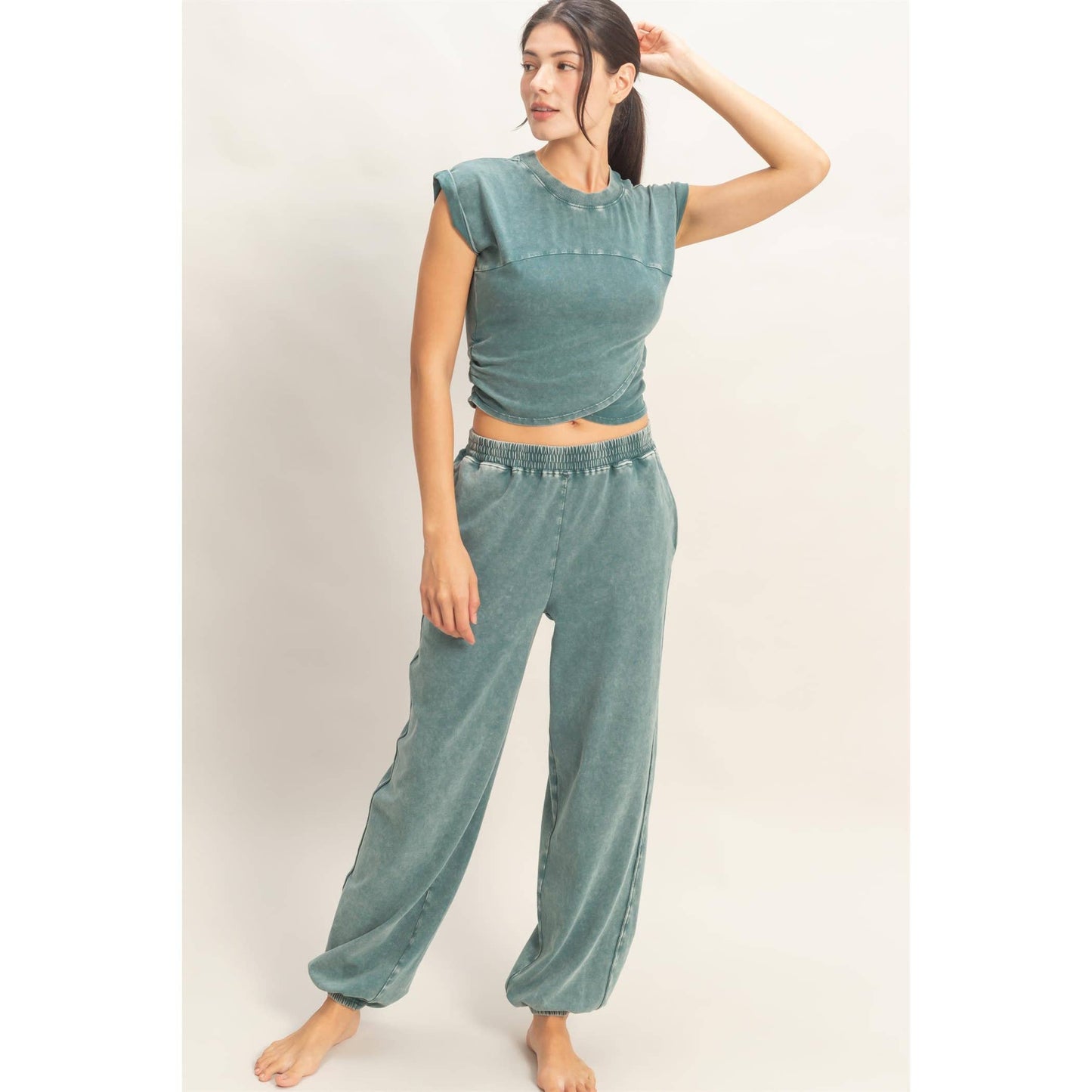 Rolled Sleeve Wrap-Front Crop Top And Jogger Set: DARK TEAL / S-M-L(2-2-2)