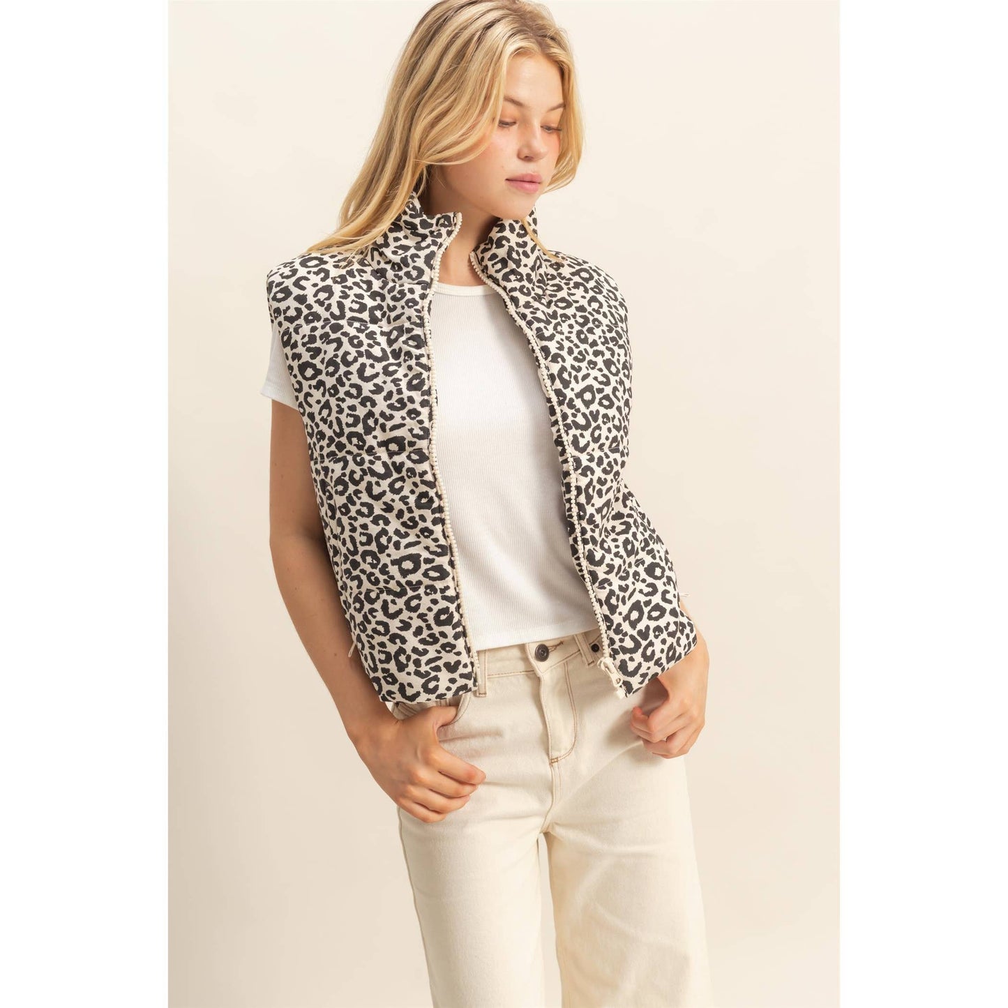 Leopard Print Puffer Vest: BLACK / S-M-L(2-2-2)