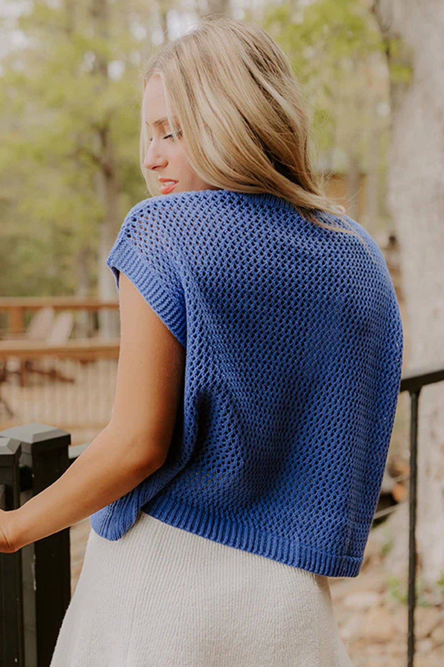 Blue American Flag Knit Short Sleeve Sweater Top: Sky Blue / 100%Acrylic / S
