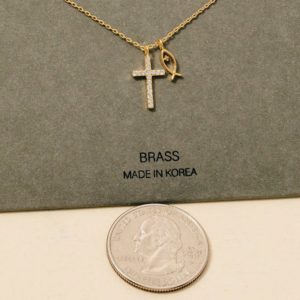 Pave Cross And Fish Charms Chain Necklace: RHCRY