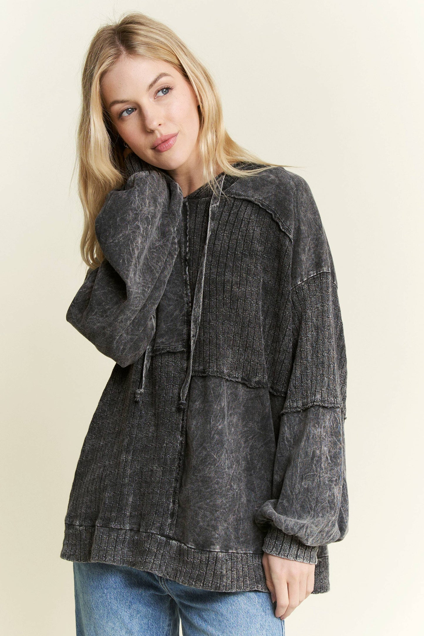 MineralWash Sweater block stitched hoodie shirt HT5969.: Olive / S-M-L / 2-2-2