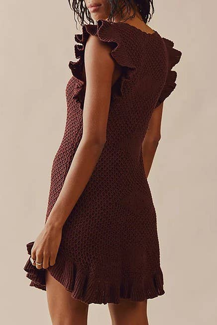 Low cut Ruffle Crochet Knit Beach Cover Up Dress: Blue / S