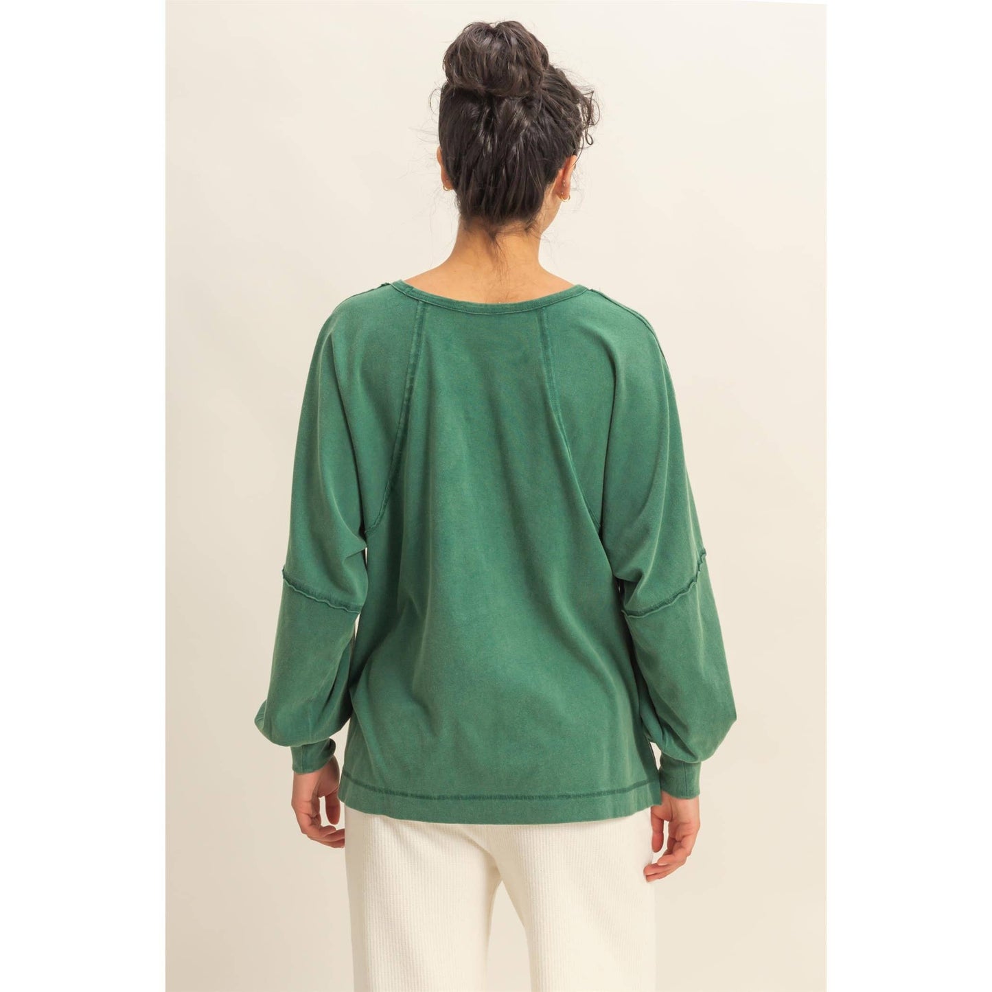 Washed Oversized Long Sleeve Top With Slit: BLACK / S-M-L(2-2-2)