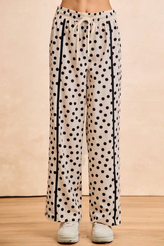 Polka Dot Front Binding Detail Straight Leg Pants: CREAM/BLACK / 2-2-2-2(S-M-L-XL)