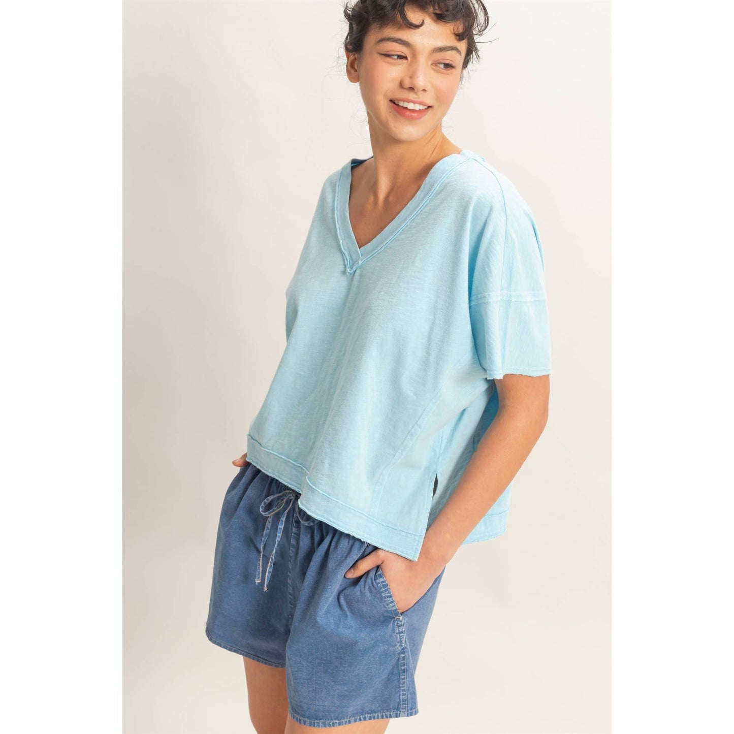 Oversized V-Neck Short Sleeve Top: WHIP CREAM / S-M-L(2-2-2)
