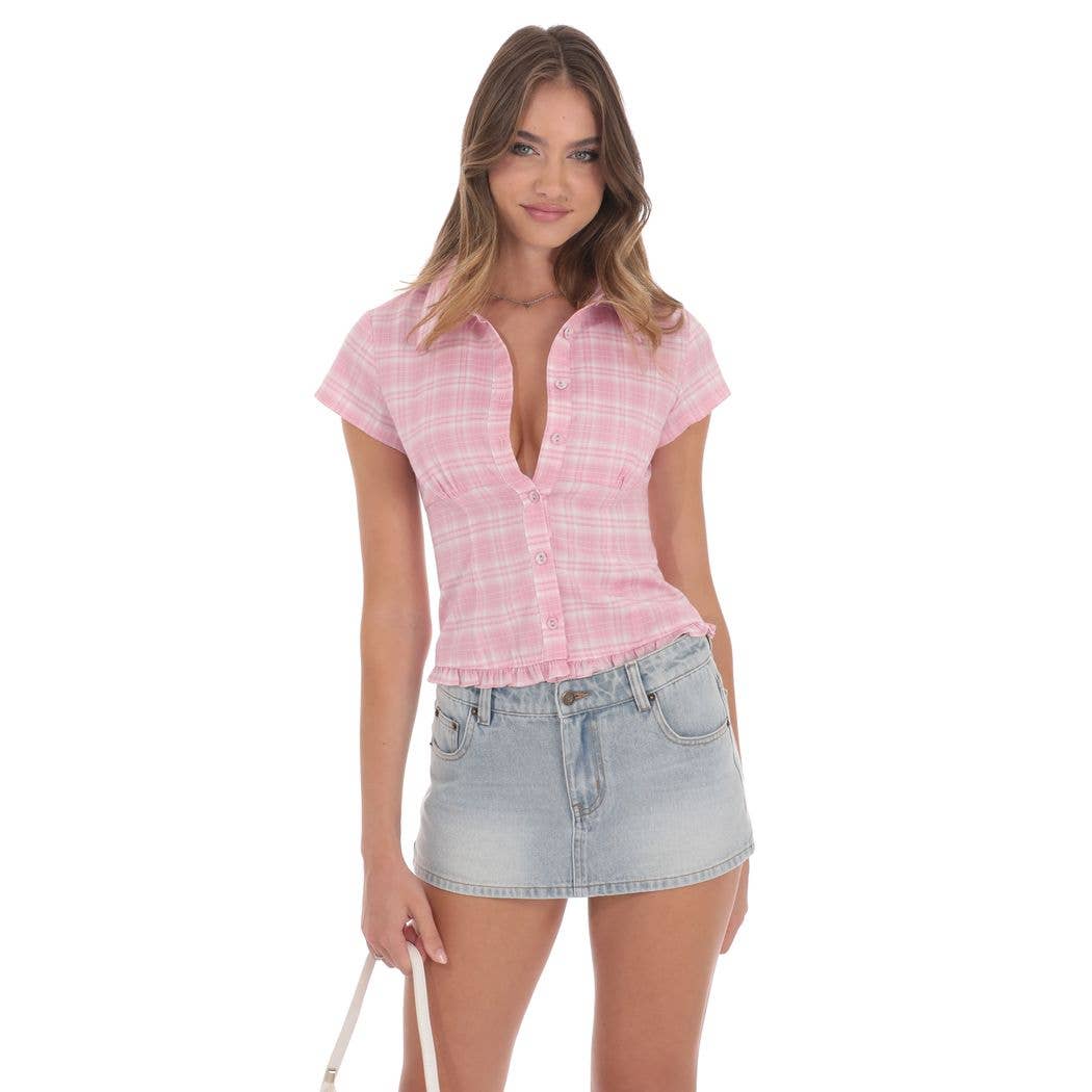 Button-Up Ruffle Top in Pink Checkered: XXS