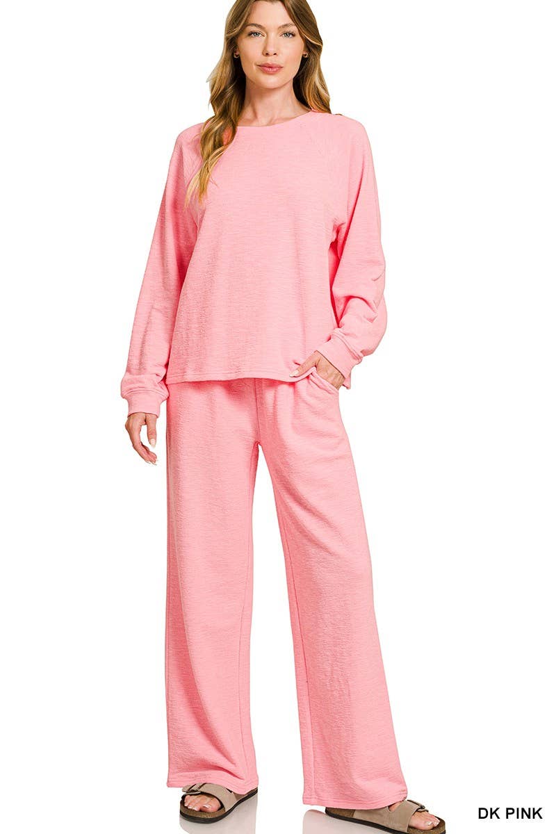 Slub Long Sleeve Top And Pants 2pcs Set: HUNTER GREEN / 1-1-1(S-M-L)