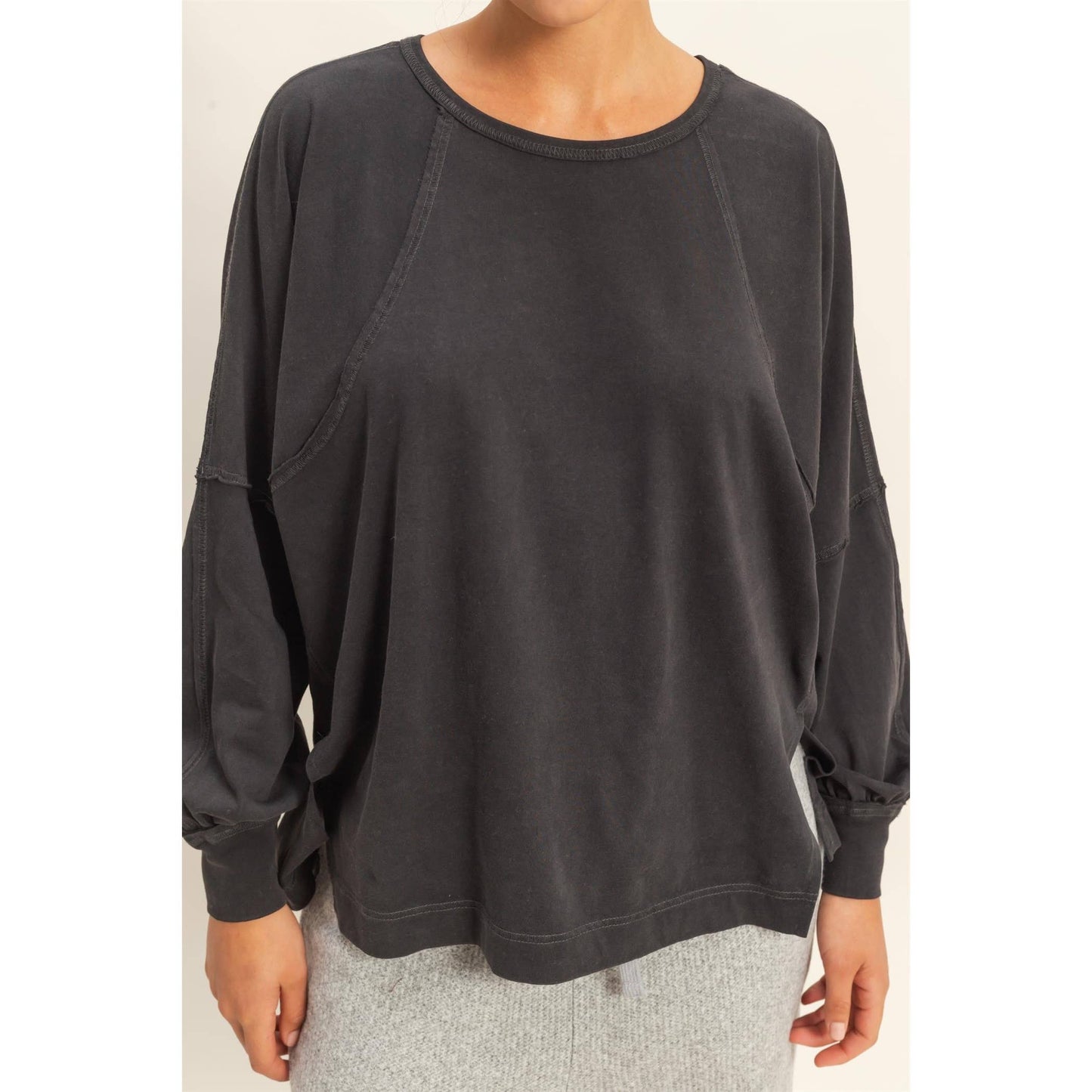 Washed Oversized Long Sleeve Top With Slit: BLACK / S-M-L(2-2-2)