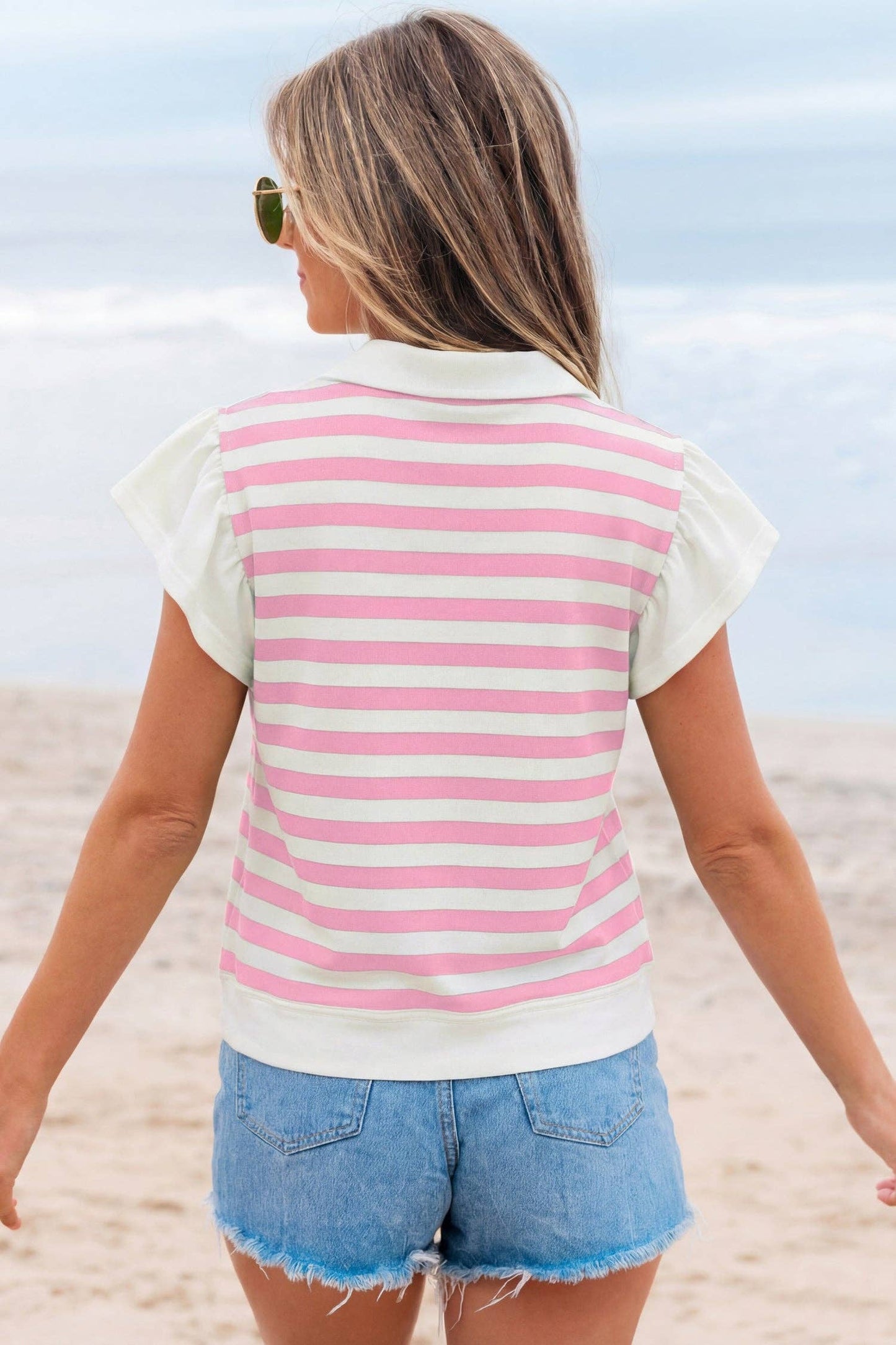 Pink Stripe Collar V Neck Ruffled Short Sleeve Blouse: Pink Stripe / 95%Cotton+5%Elastane / L