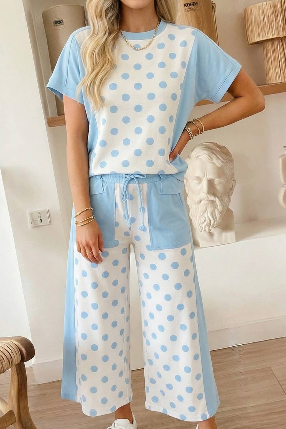 66 Polka Dot Top and High Waist Shorts 2pcs Set (S-XL): Sky Blue / S