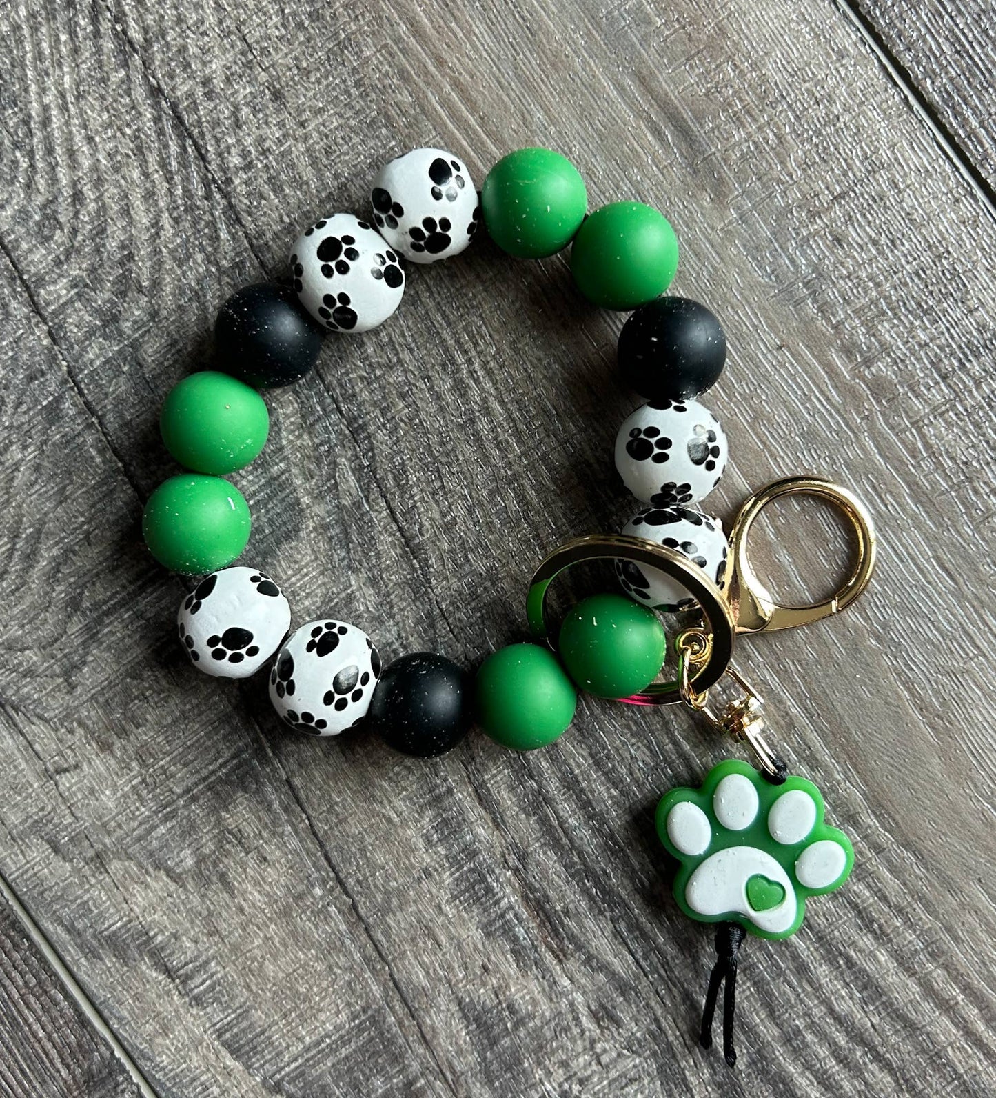 Paw Print Silicone and Wooden Bead Wristlet Keychain: Teal