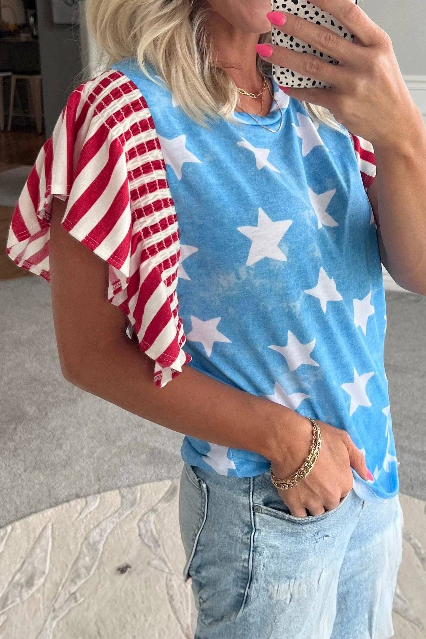Blue Star Print Ruffle Sleeve Flag Day Patriotic Top: Sky Blue / 95%Polyester+5%Elastane / XL