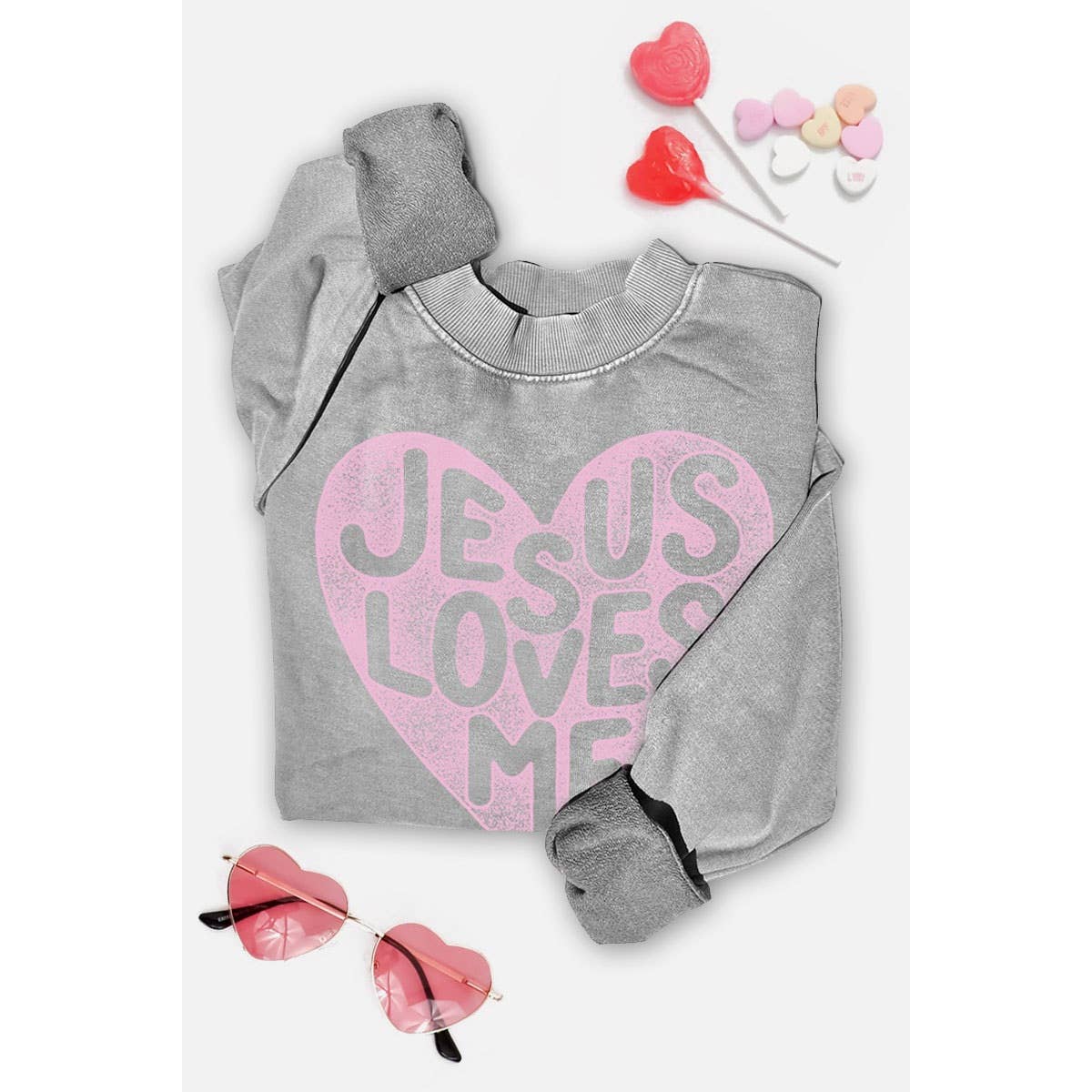 JESUS LOVES ME MINERAL GRAPHIC SWEATWHIRTS: Mineral Grey / S-M-L-XL(1-2-2-1)