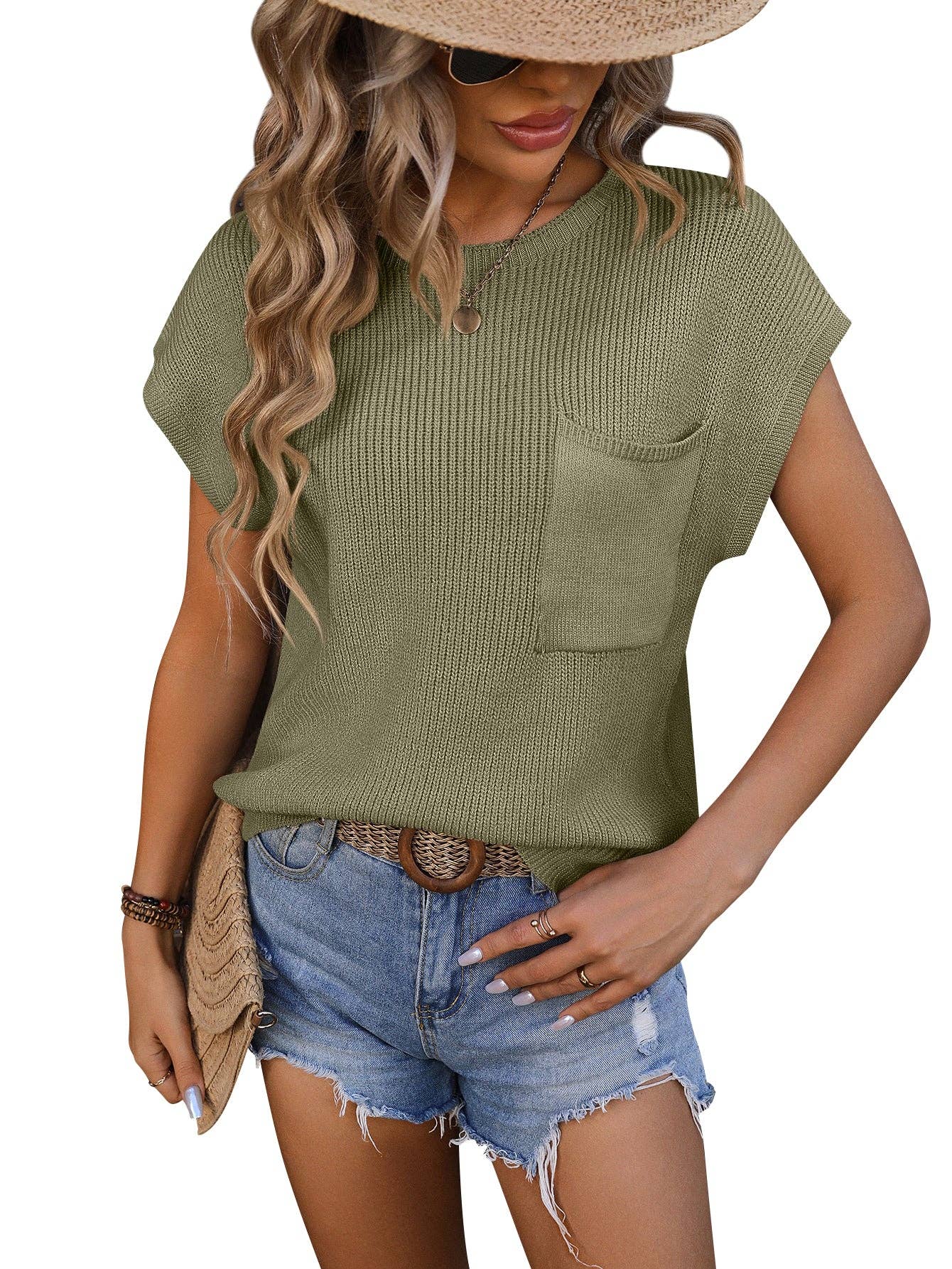 Crewneck Pocket Trim Top Short-sleeved Sweater: Caramel / Acrylic 70% + 30% nylon / L
