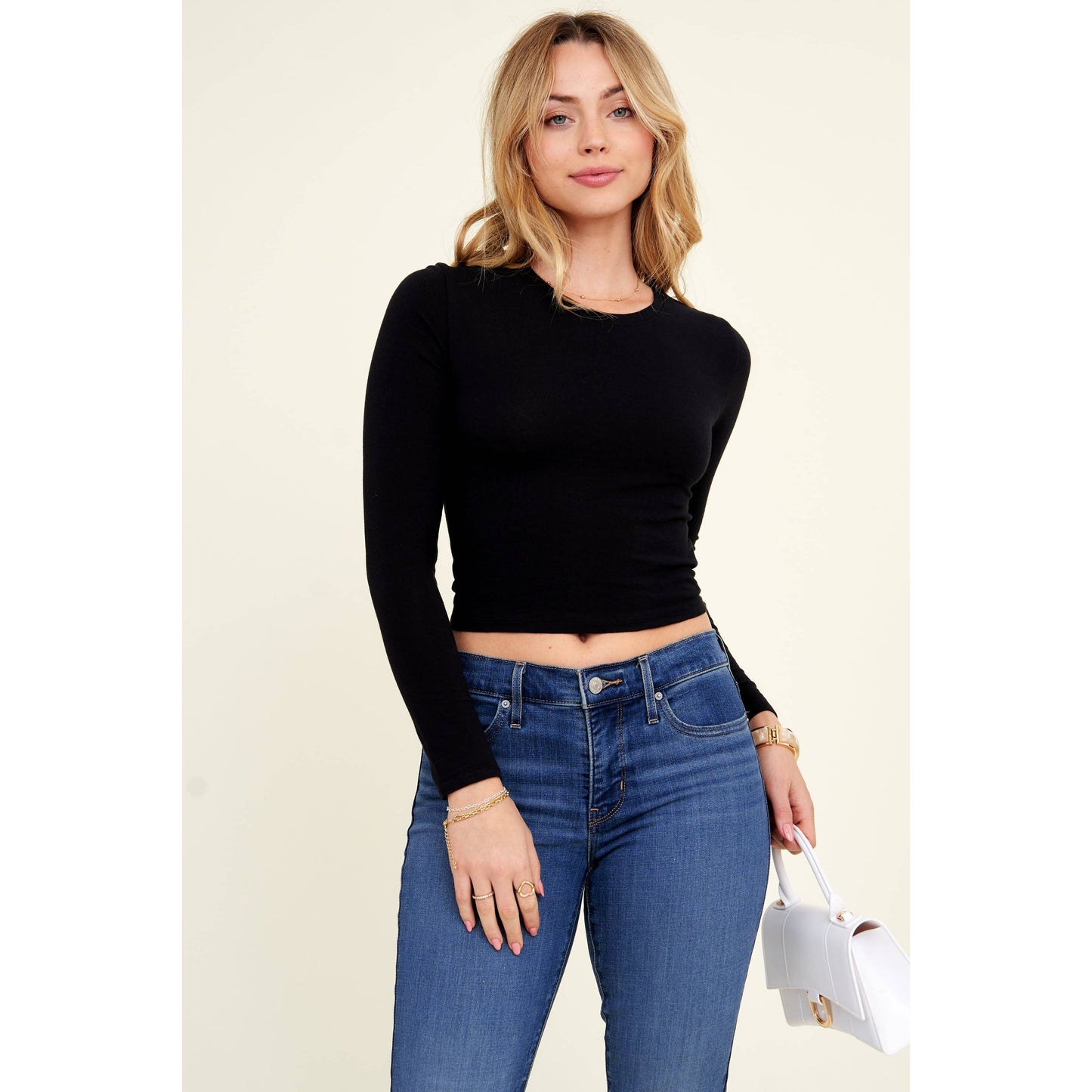 Crew Neck Long Sleeve Cotton Cropped Knit Top: Chili Oil / S-M-L(2-2-2)