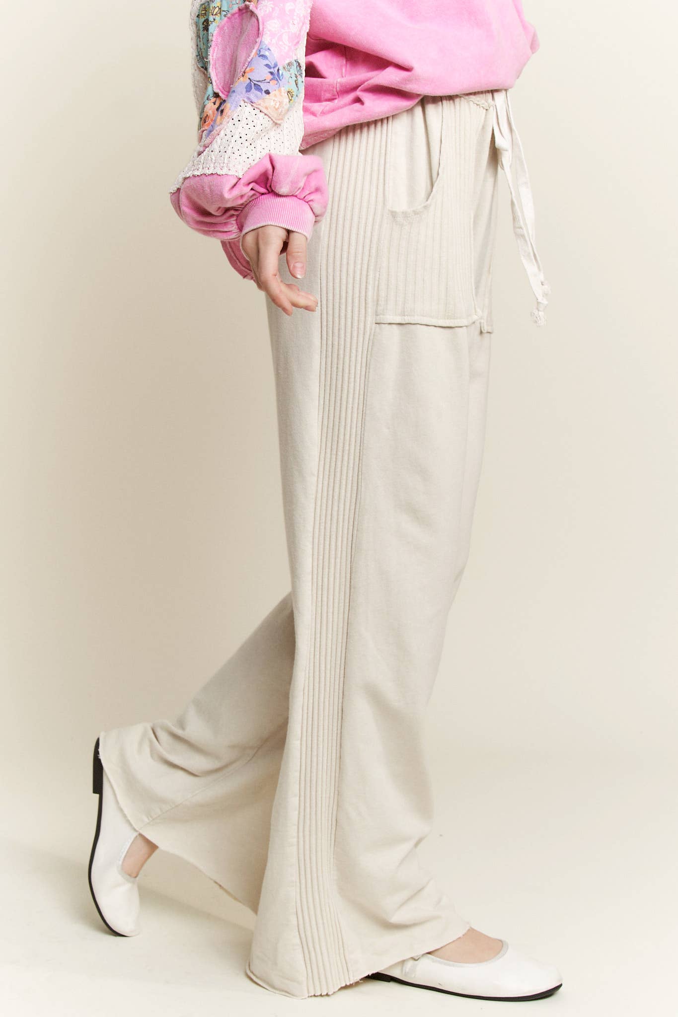 Best Mineral Wash Side Knit detail wide leg pantsHE5878P.: Latte / S-M-L / 2-2-2