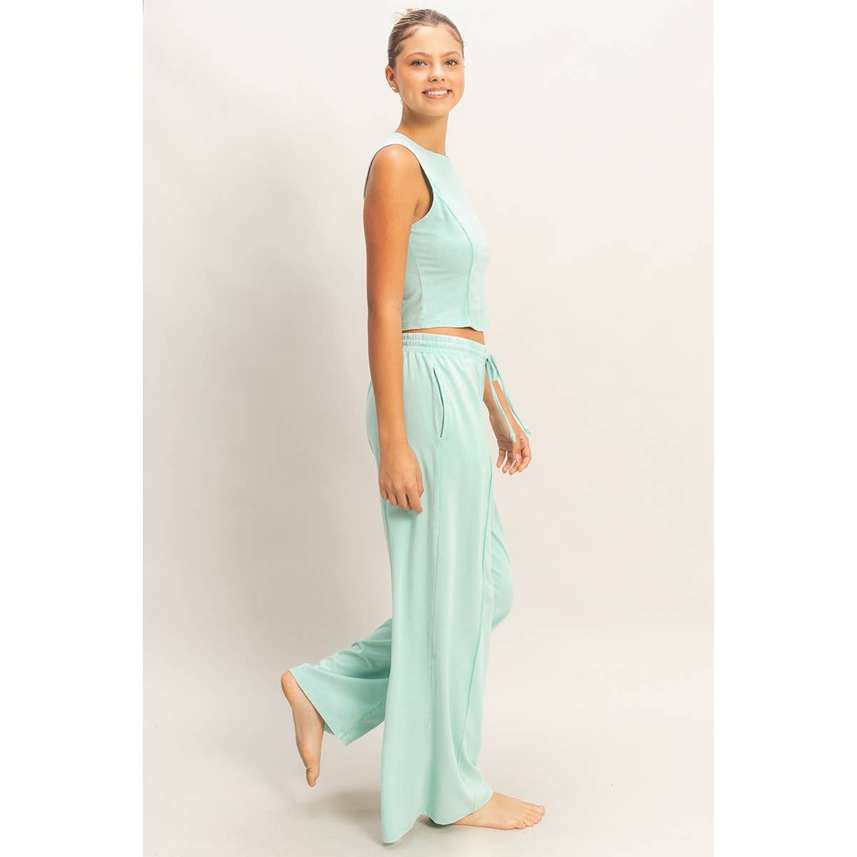 Mineral Washed Sleeveless Top & Wide Leg Pants Set: BLACK / S-M-L(2-2-2)
