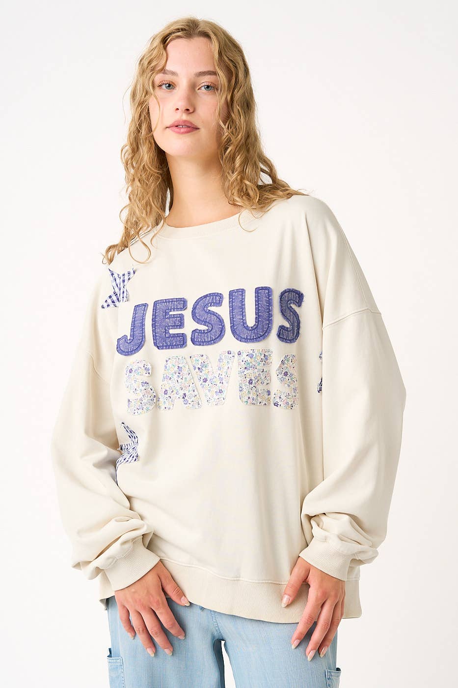 JESUS SAVES PATCHWORK CREW NECK SWEATSHIRT: ICY PINK / S-M-L(2-2-2)