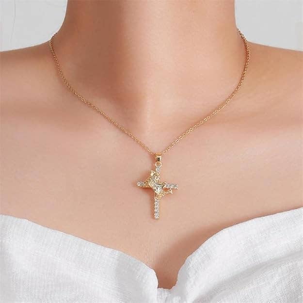 Sparkling Crown Cross Pendant Necklace Christian Jewelry: Yellow Gold