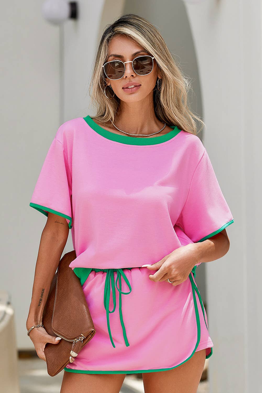 LDC Colorblock Edge Drop Shoulder T Shirt and Skirt 2Pcs Set: Evergreen / M