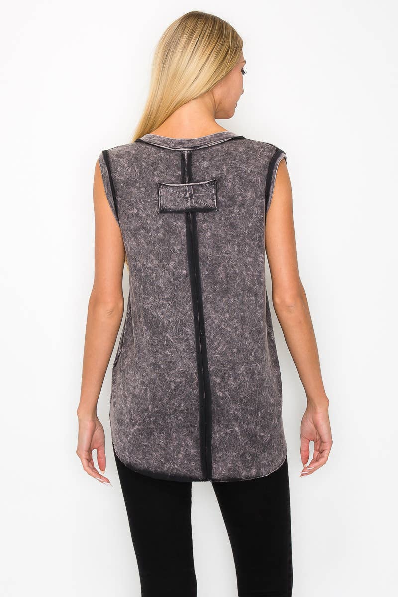 Mineral washed V neck Sleeveless Top HT4004: Olive / S-M-L/2-2-2
