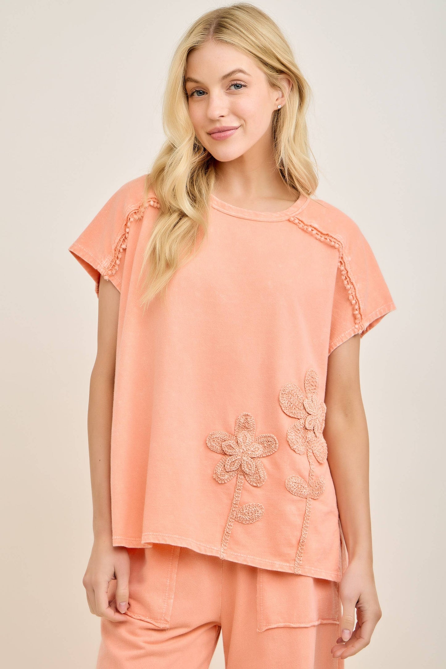 Mineral Washed Flower Garden Sleeveless blouse top HT7012: Papaya / S-M-L / 2-2-2