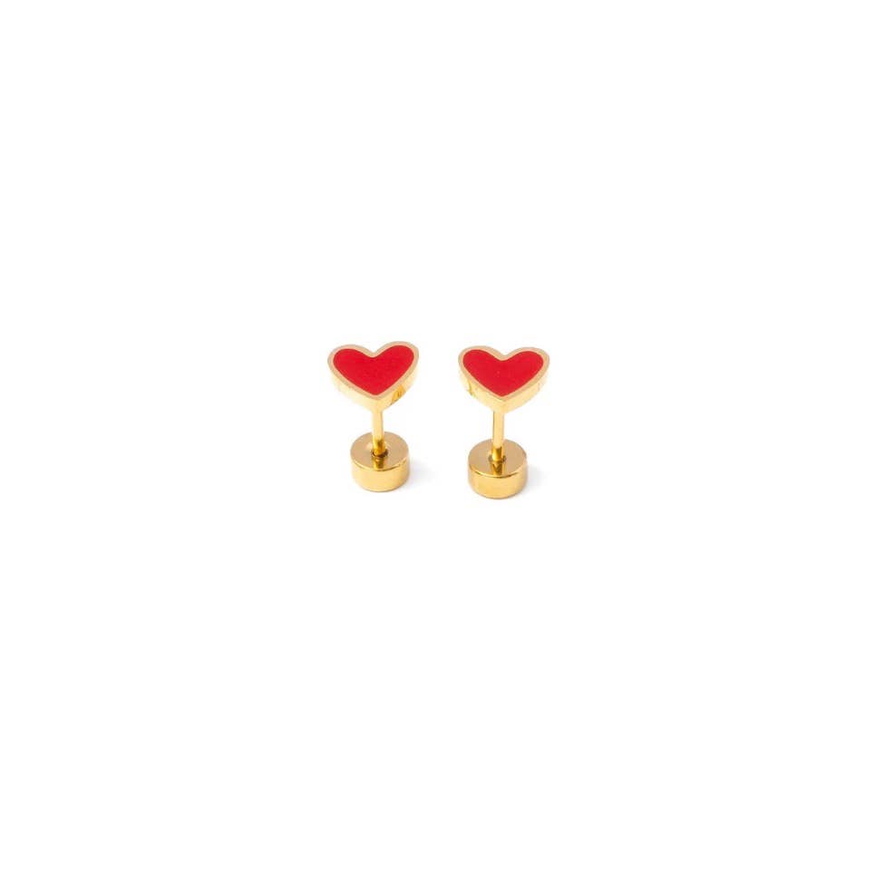 Enamel Heart Stud Earring - Hypoallergenic, Flat Back, Girl : Pink