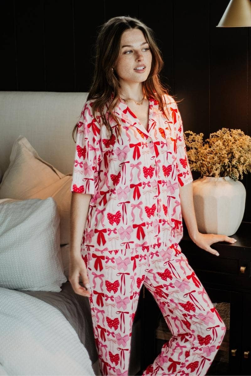 Pink & Red Coquette Bows Pajama Pants Set: Light Pink / XL