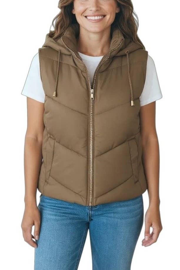 Woven Puffer Vest with Hood: BLACK / 1-2-2-1(S-M-L-XL)
