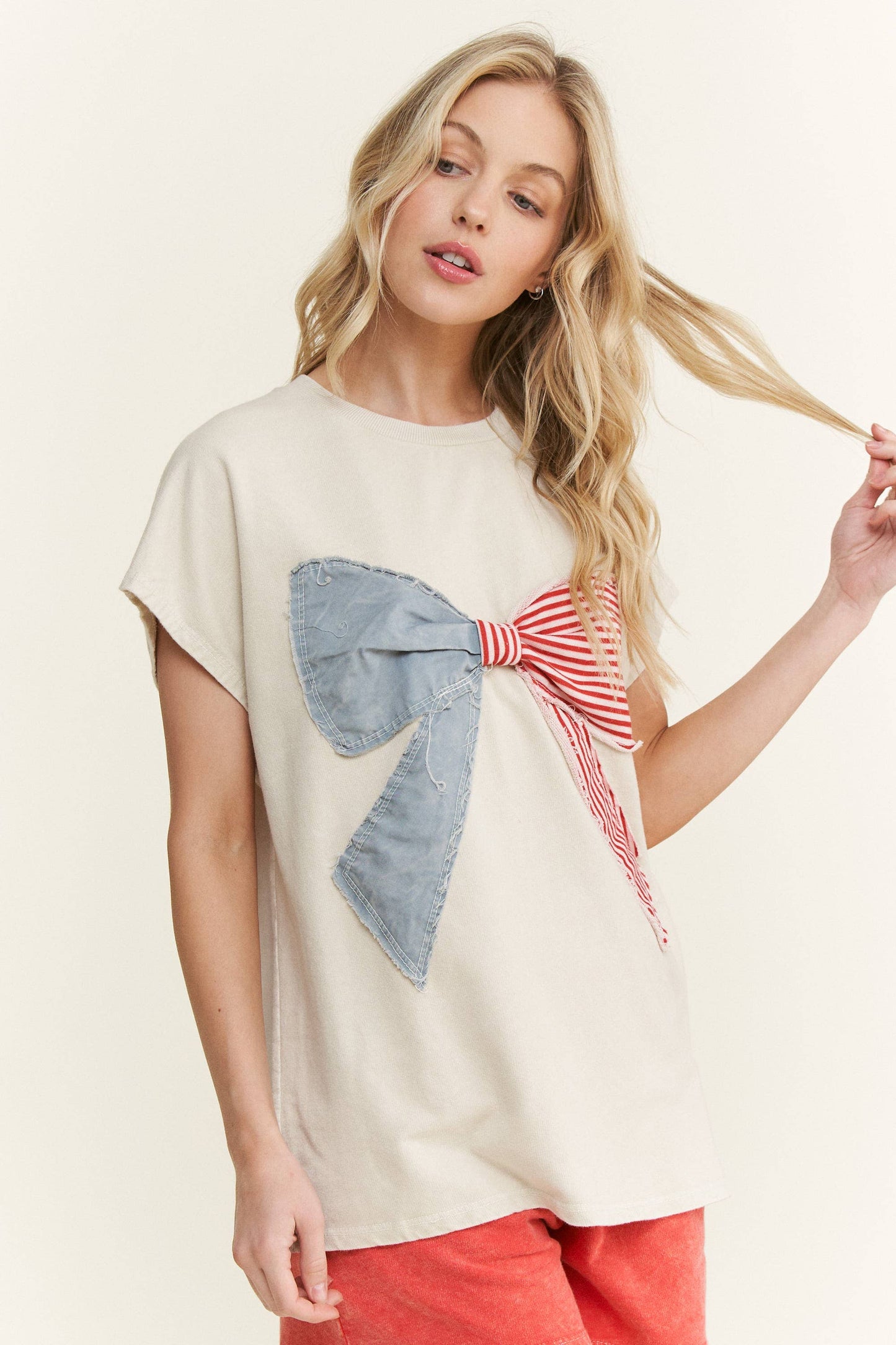 MineralWashed Americana Bow Sleeveless Blouse top HT5647P2.: Cyan
