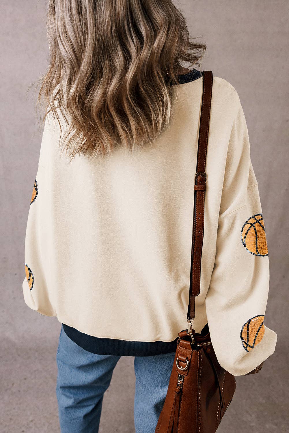 White Sequin Basketball Graphic Colorblock Edge Sweatshirt: White / 50%Polyester+50%Cotton / 2XL