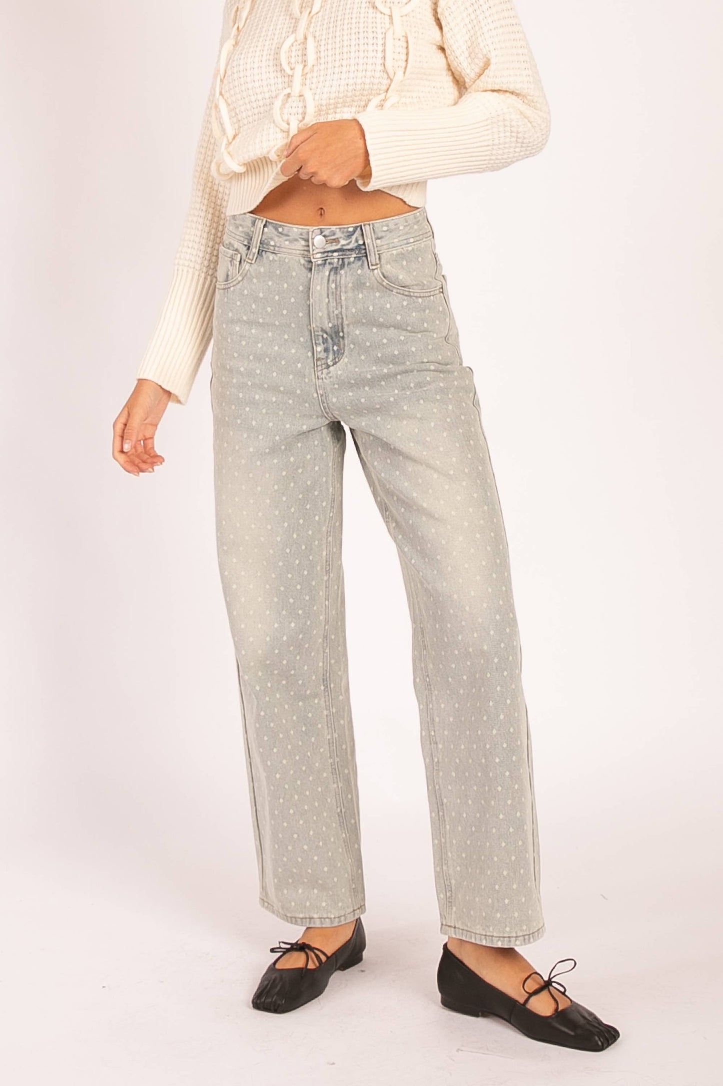 LP1032 Polka Dot High-Waisted Straight Leg Jeans: LIGHT DENIM / S-M-L (2-2-2)