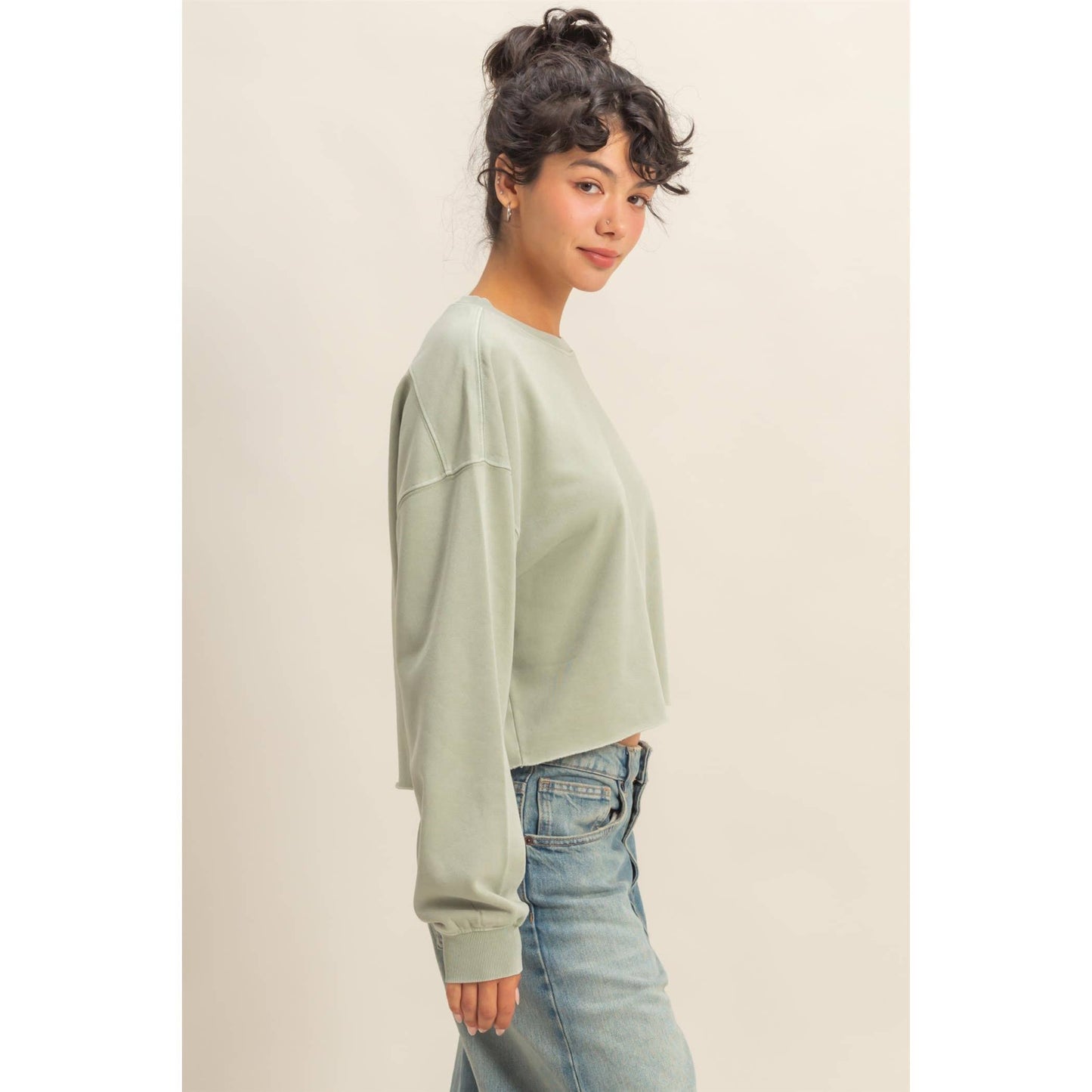 Cropped Crewneck Sweatshirt With Oversized Sleeves: DUSTY NAVY / S-M-L(2-2-2)