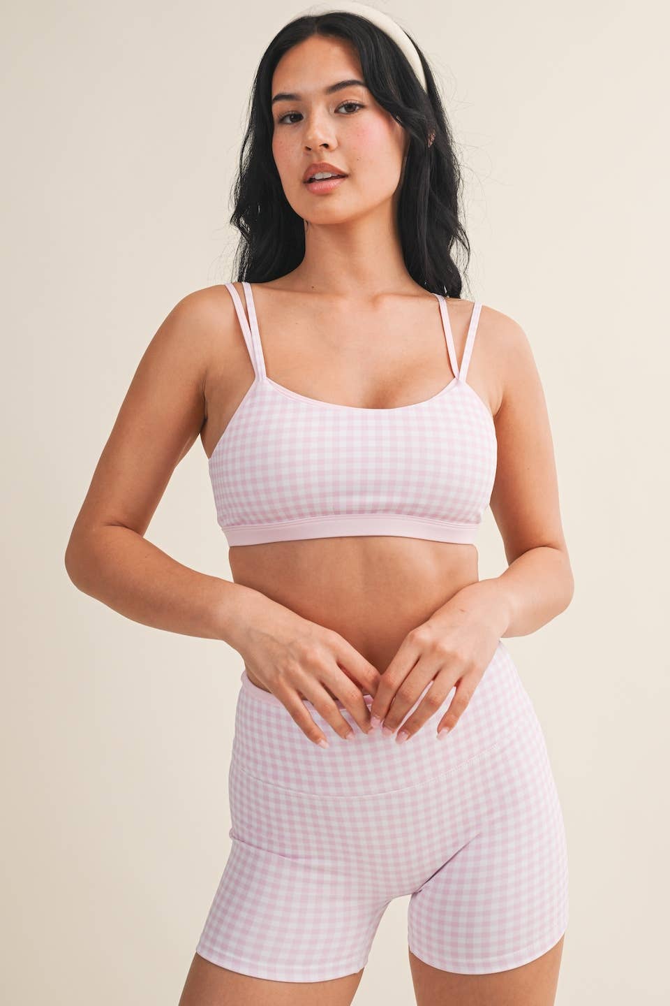 Gingham Print Double Layered Sports Bra: Red Gingham / L