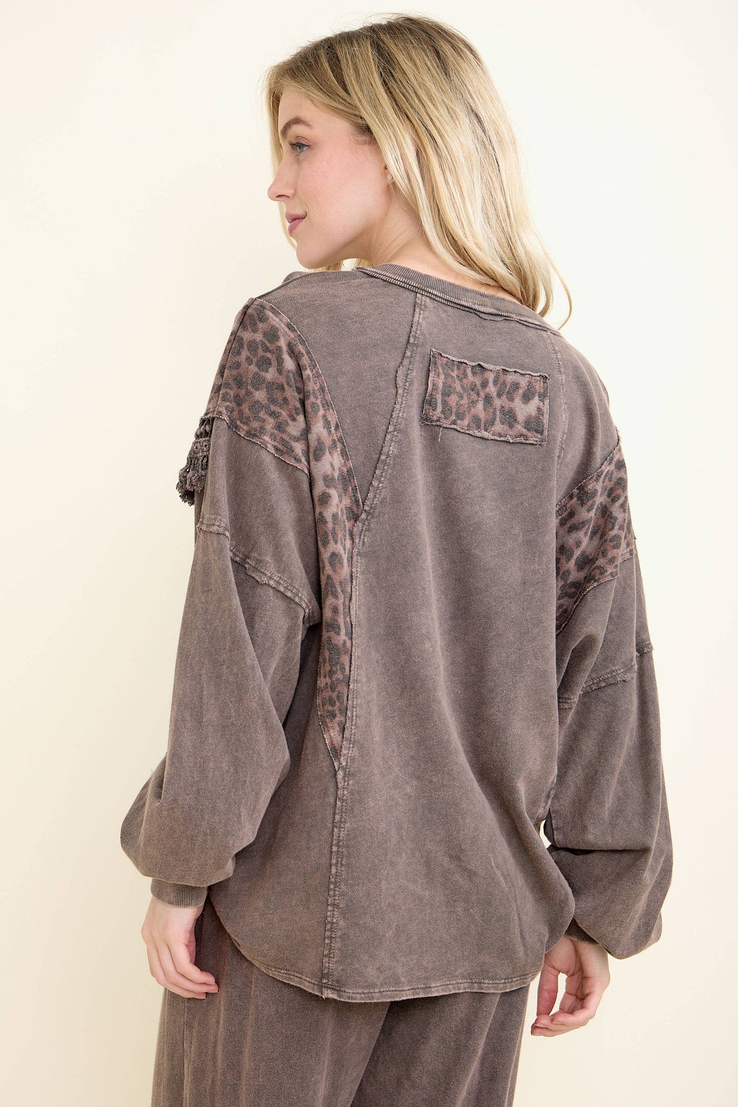 Mineral Washed Cheetah Leopard Fringe tassel top HT6722: Ash Oak / S-M-L / 2-2-2
