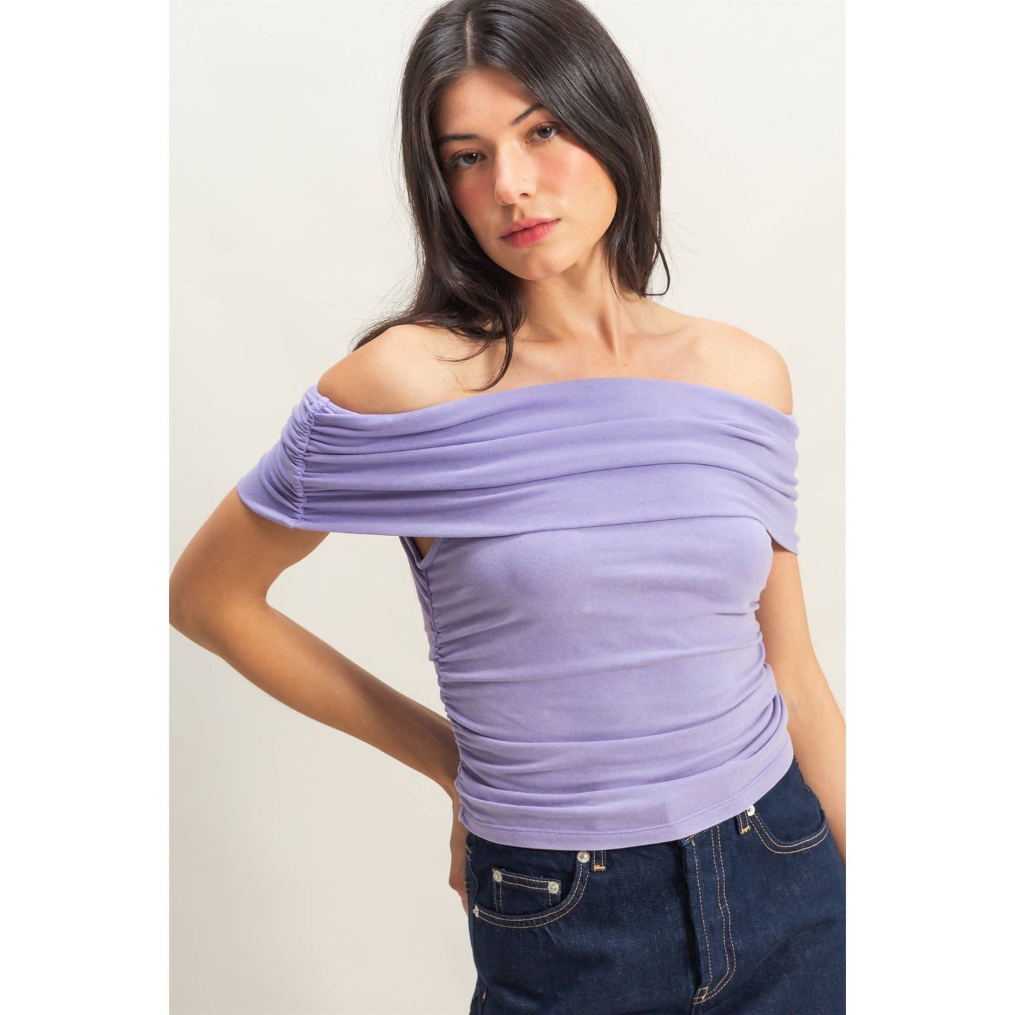 Off-The-Shoulder Side Ruched Top: RED / S-M-L(2-2-2)