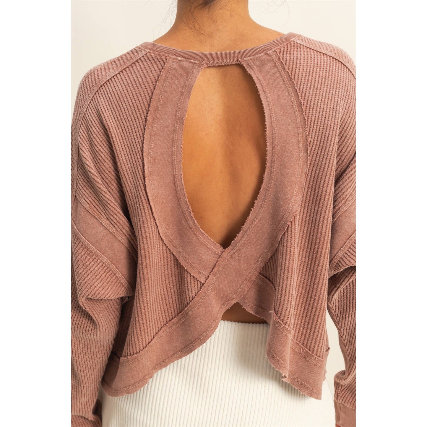 Chic Open Back Textured Knit Long Sleeve Top: CREAM / S-M-L(2-2-2)