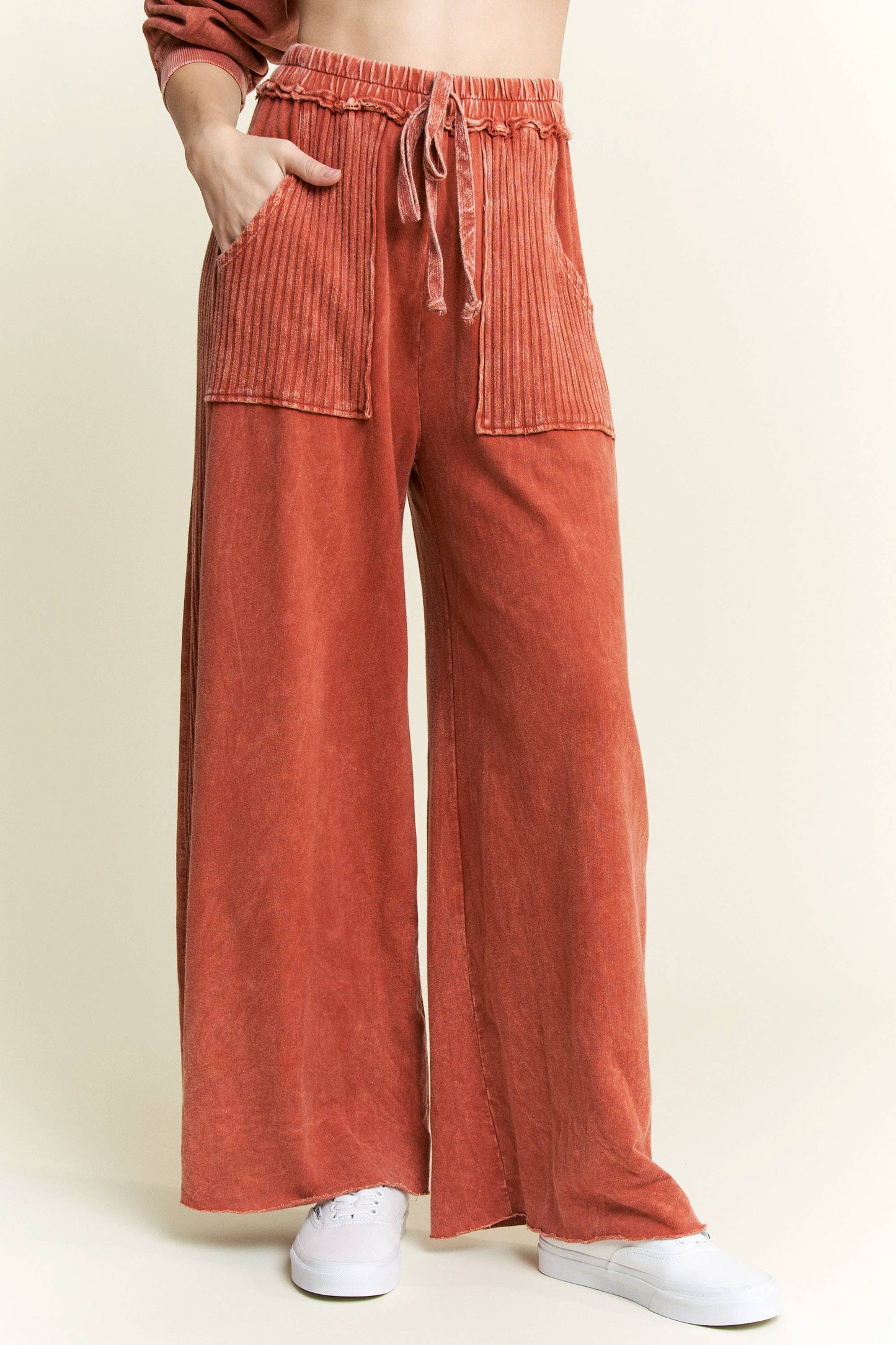 Mineral Wash Side Knit detail wide leg pants HE5878P..: Olive / S-M-L / 2-2-2
