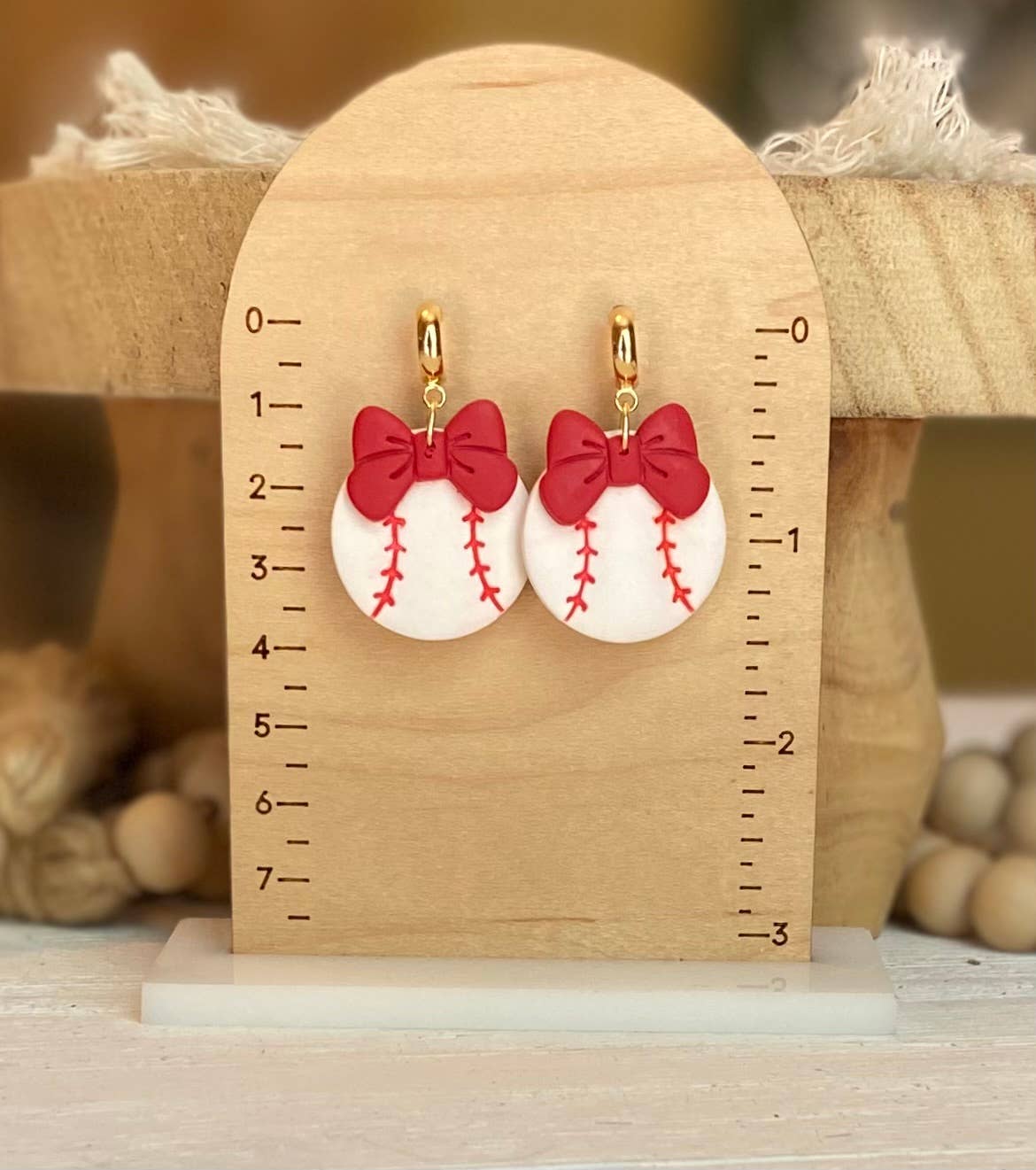 Baseball with Bow Earrings : Red