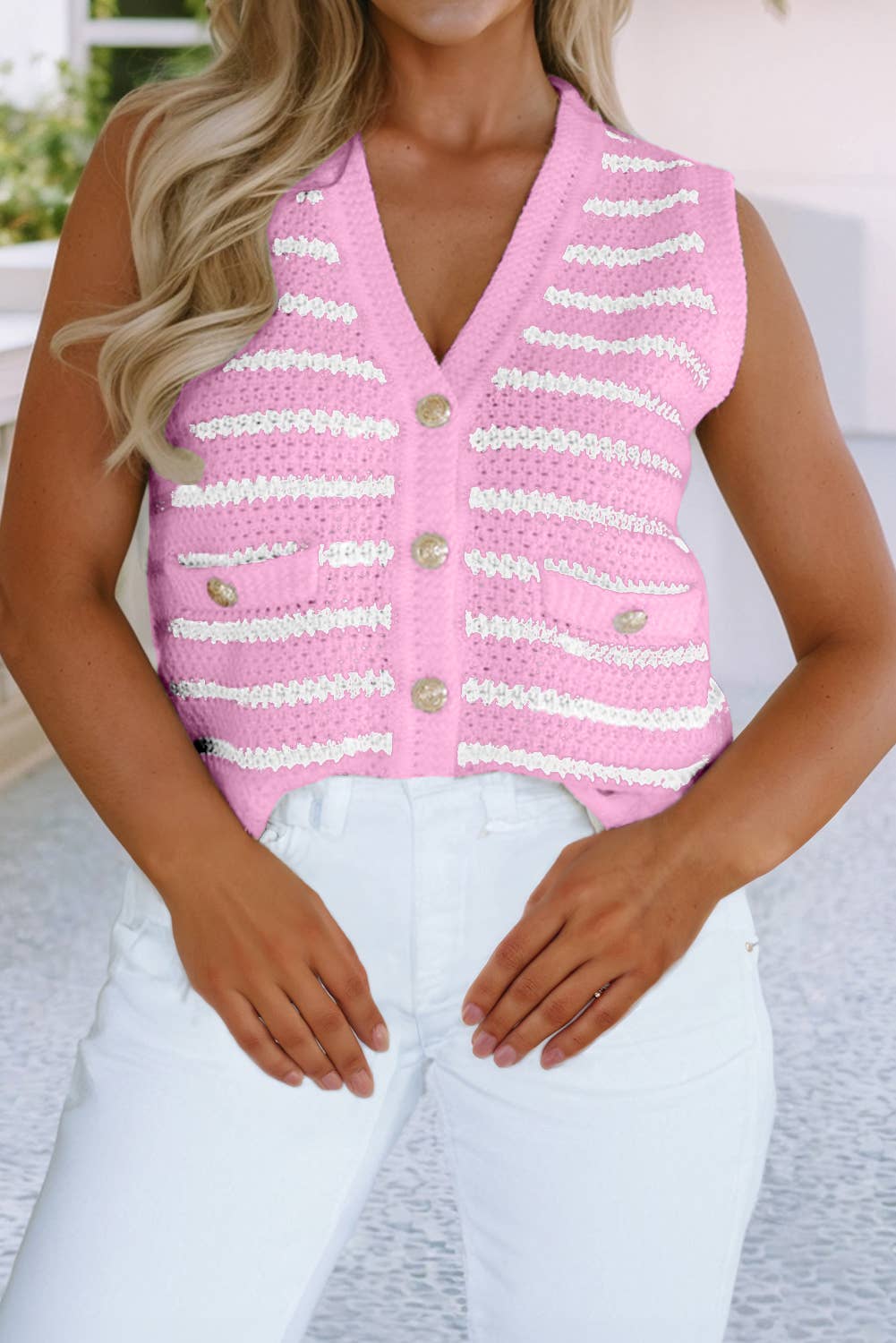 LDC Stripe V Neck Gold Button Sweater Vest: Sky Blue / XL