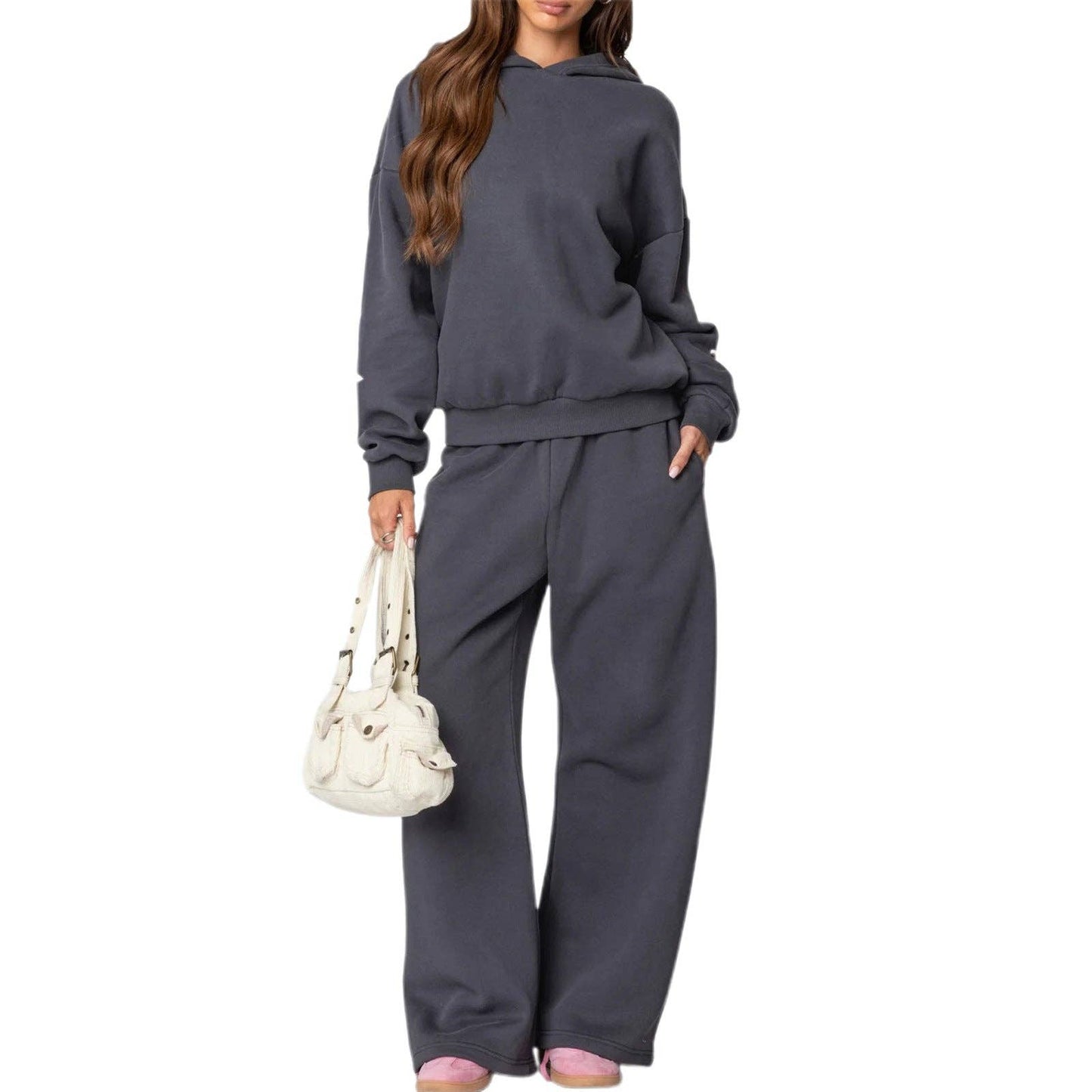 Trendy Casual Long Sleeve Loose Hoodie & Wide Leg Pants Set: Gray / M