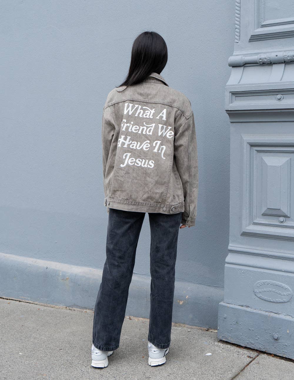What a Friend in Jesus Grey Denim Jacket: L