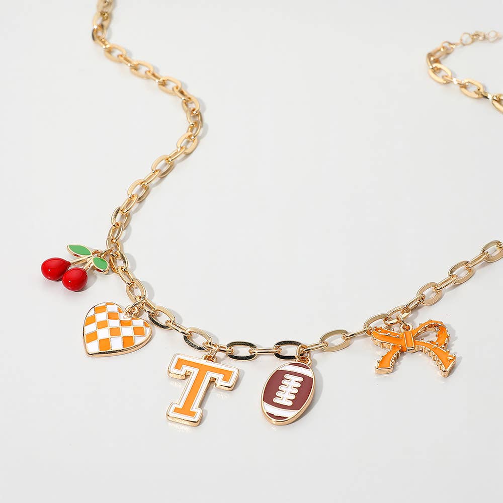 Football Theme Bow Cherry Heart Charm Station Necklace: Blue,Gold,White