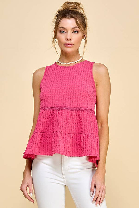 WK50480 - BABYDOLL TIER BUBLLE WOVEN TOP WITH TIE BACK: SATIN ROSE / S-M-L/2-2-2