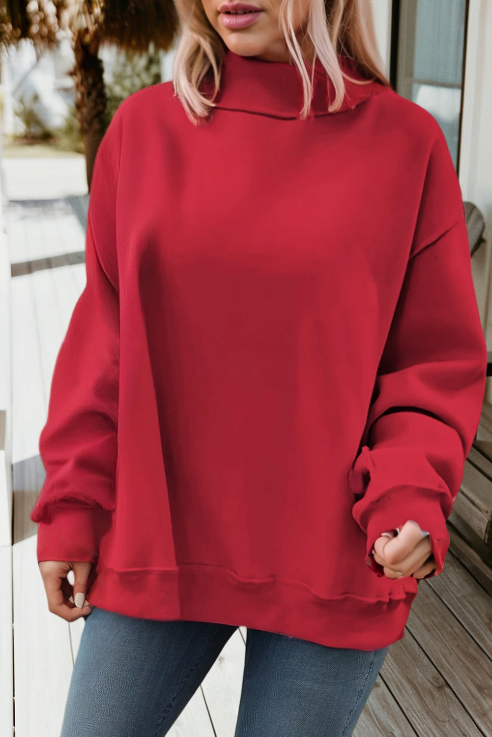 Love Solid Oversize Reversible Mock Neck Sweatshirt (S-XL): Racing Red / Missy / S