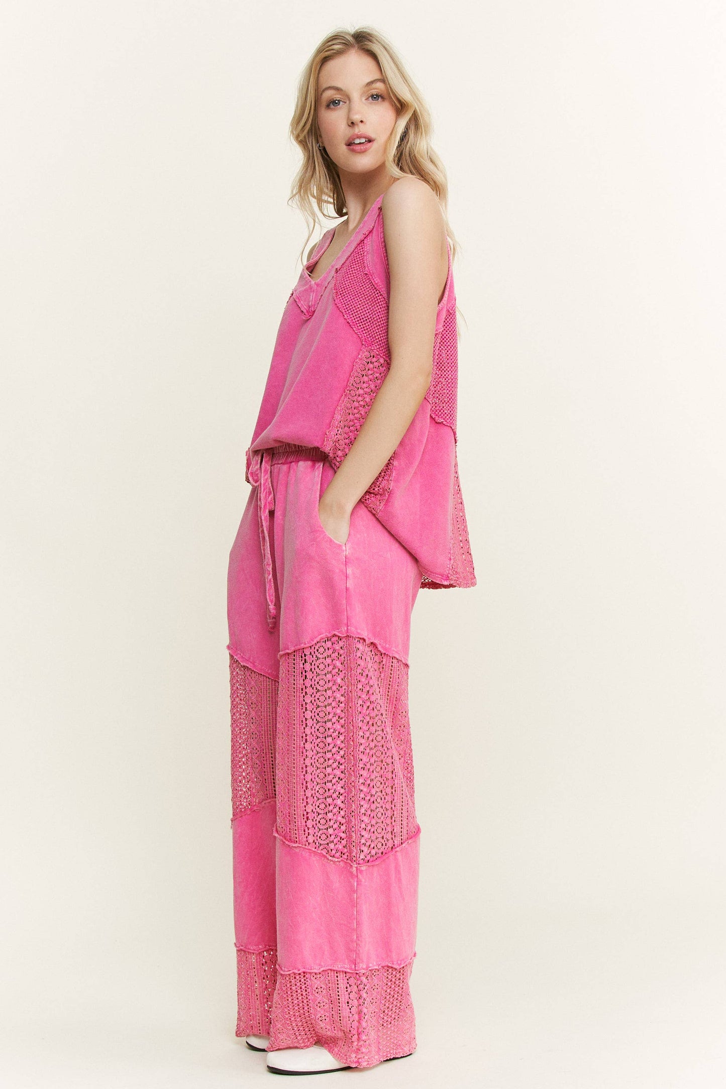 Mineral Washed Lace See through Breezy pants HP6335.: HotPink / S-M-L / 2-2-2