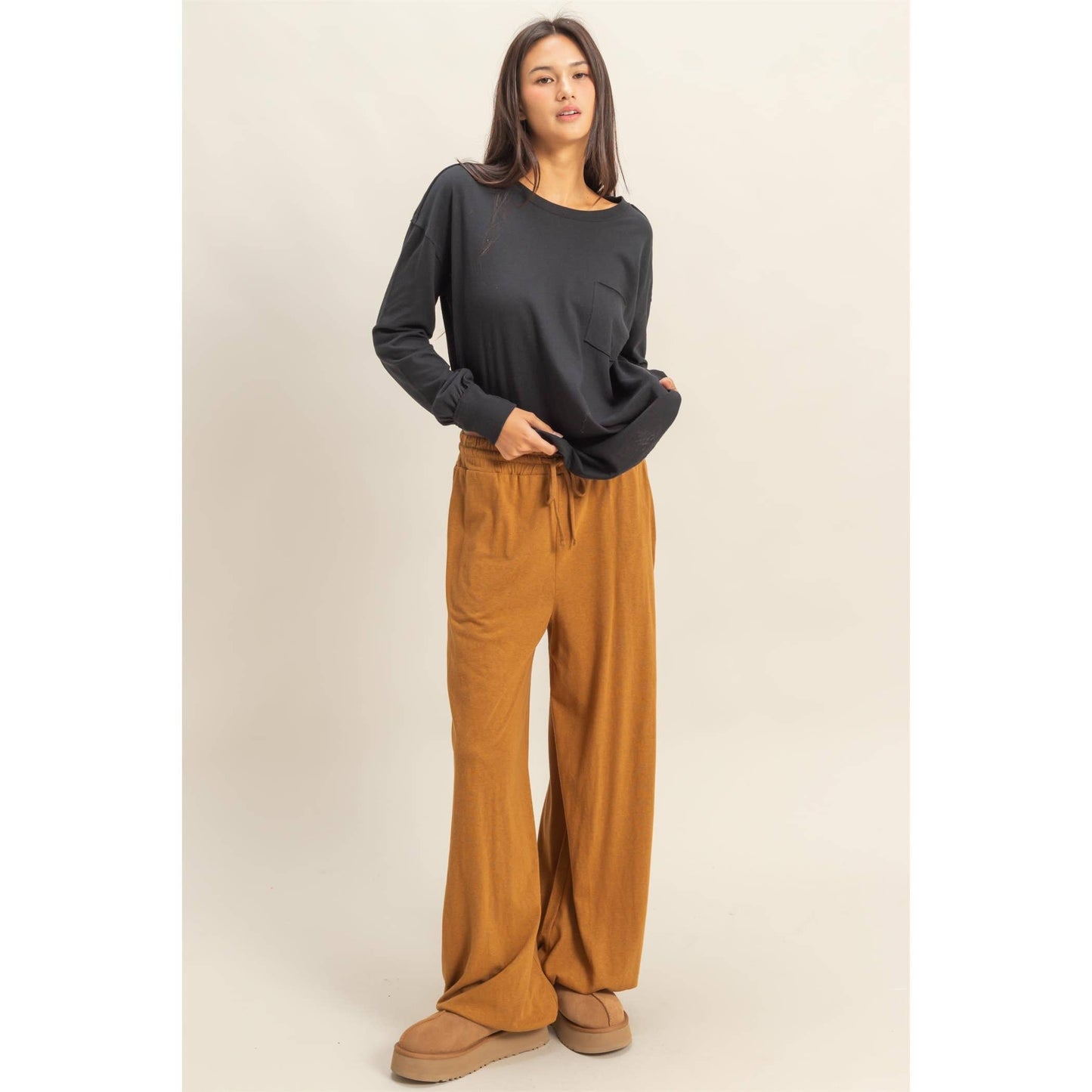 High Waist Drawstring Wide Leg Pants: BLACK / S-M-L(2-2-2)